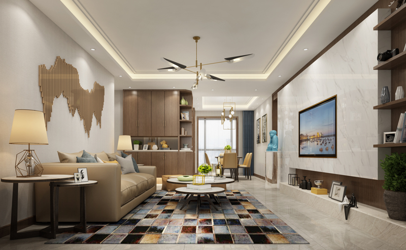 整体风格为简约轻奢，一种极致的简约风格，色彩上运用时下比较流行的胡桃木色，客厅背景墙使用了金属装饰，马赛克地毯和一加一圆形茶几，给空间带来视觉上的层次感。