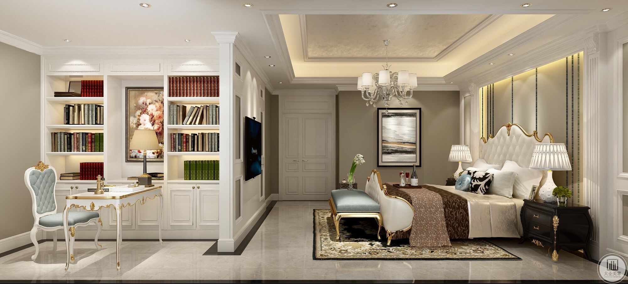 卧室整体效果         主卧是套间的设计，开放式的书房与卧室结合，非常舒适的居住方式，书房使用了纯白色家具。       