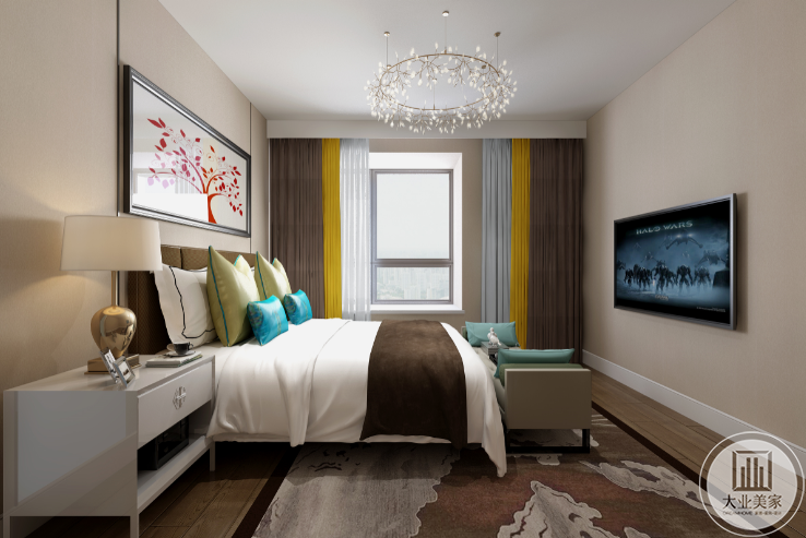 卧室整体效果图-主卧的设计则是围绕打造一个温馨舒适的睡眠环境来设计的，用的是深木色的木地板，色调也偏暖色，休息会更加放松。