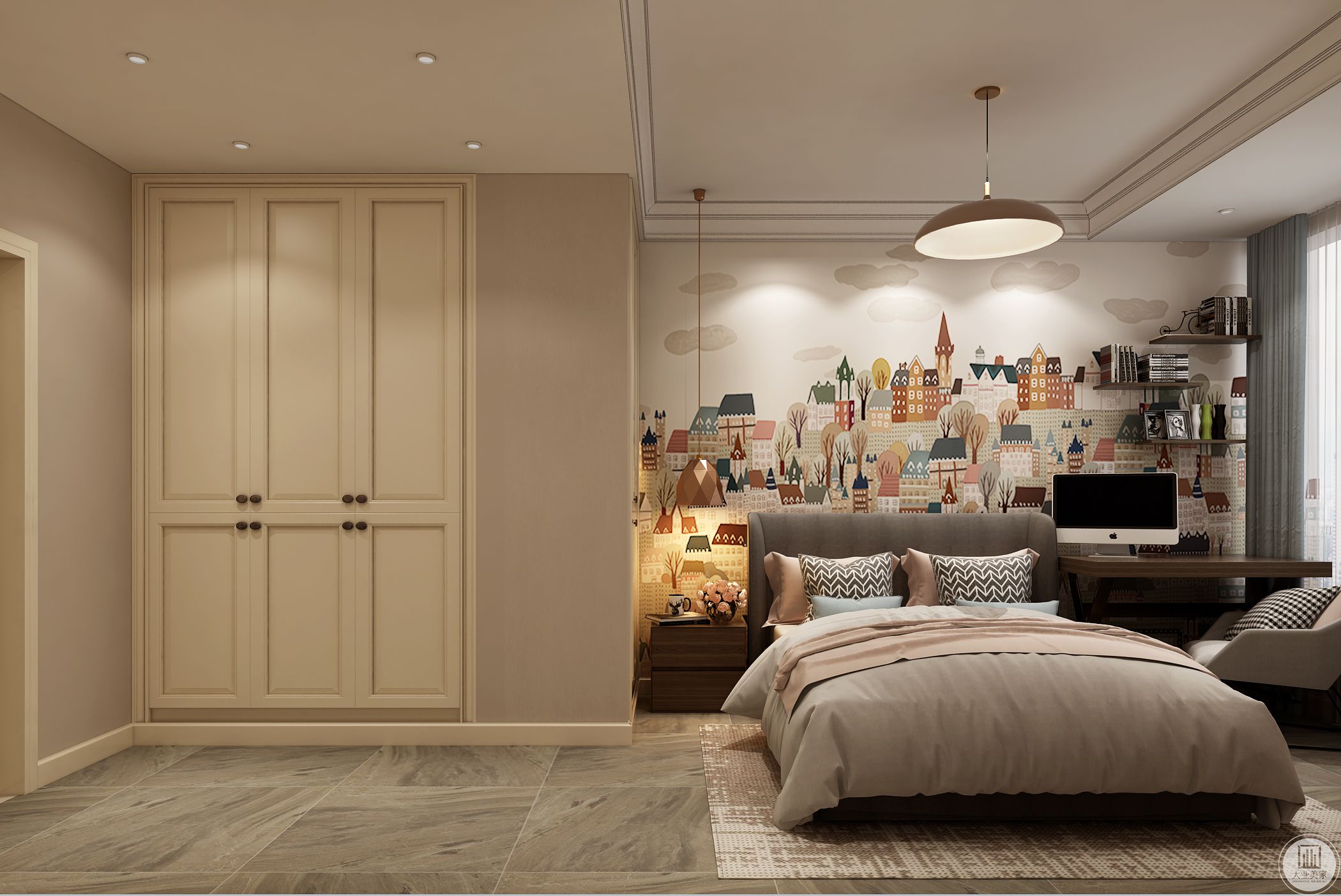 卧室整体效果图-卧室整体的设计比较简单明了，暖暖的色调，欢快愉悦，床头背景墙更使整个空间仿佛回归自然，身临其境。