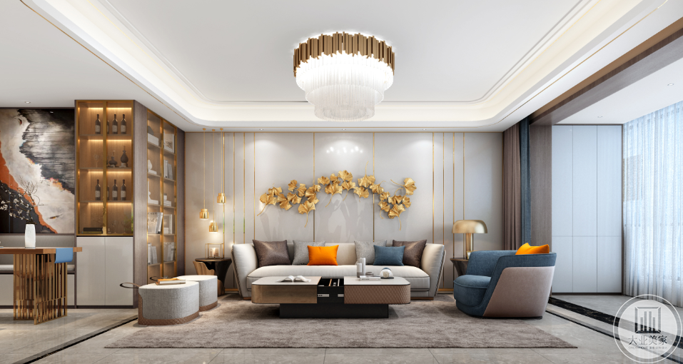 客厅沙发背景墙-以素雅的气息将室内的华丽感达到平衡，就像布艺的灰色与蓝色沙发，茶几便用极具现代感的黄铜金属进行调和，精致优雅