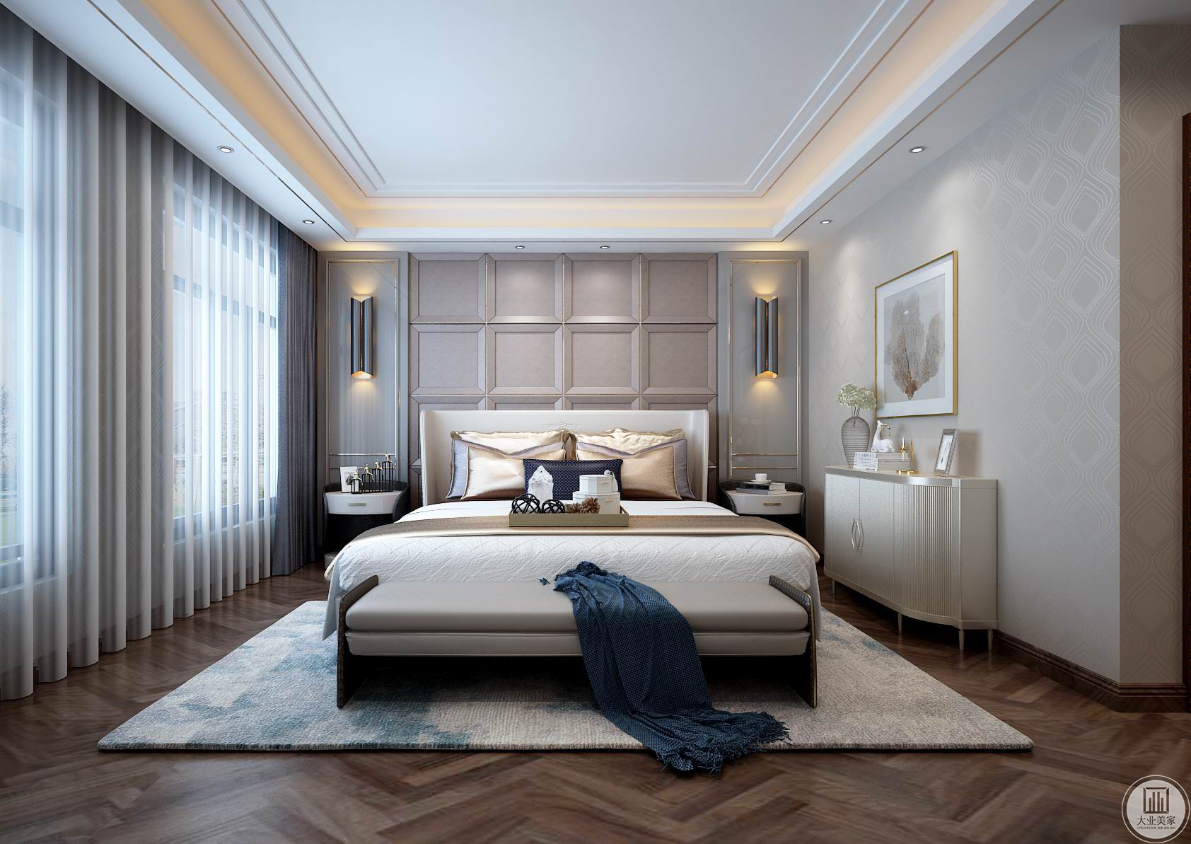 卧室整体效果图-主卧室相对来说比较简单明了的设计，一个宛如一块块巧克力的形状床头背景墙，更显浪漫温馨的卧室。