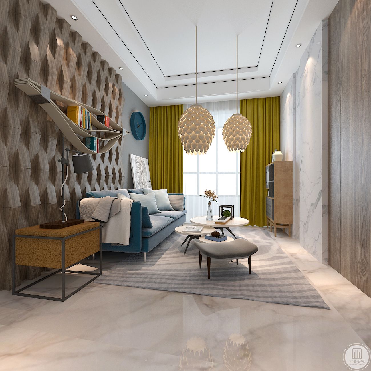 二层起居室-以暖色为主色调，没有过多复杂的空间布局，每处都格外的干净利落,充满美式元素的客厅吊顶让空间显得更加华贵。