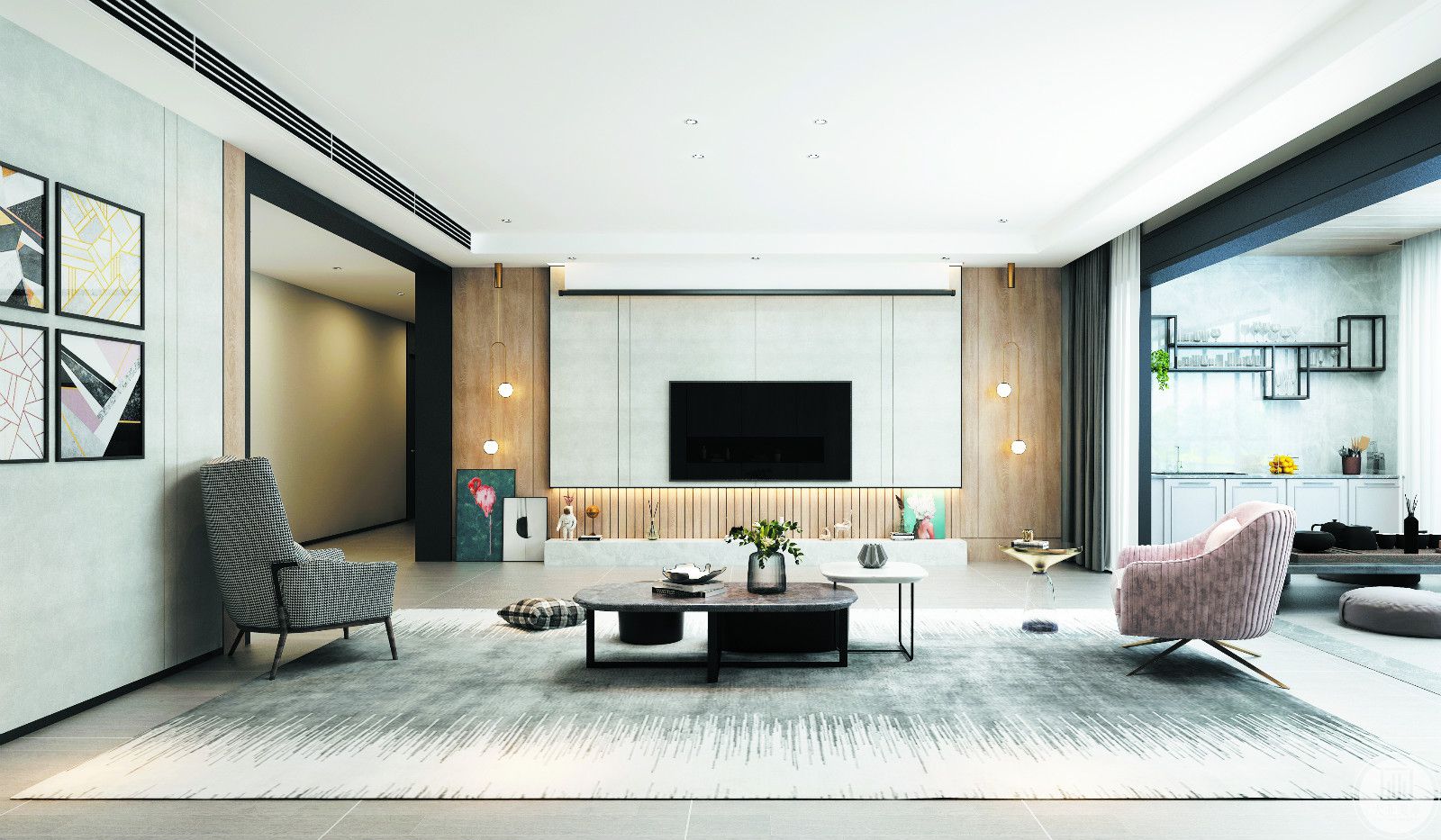客厅整体效果图-轻快简洁的线条和时尚的设计形式，简约之处突显格调，恰到好处的空间能衬托业主的生活品位与气质.