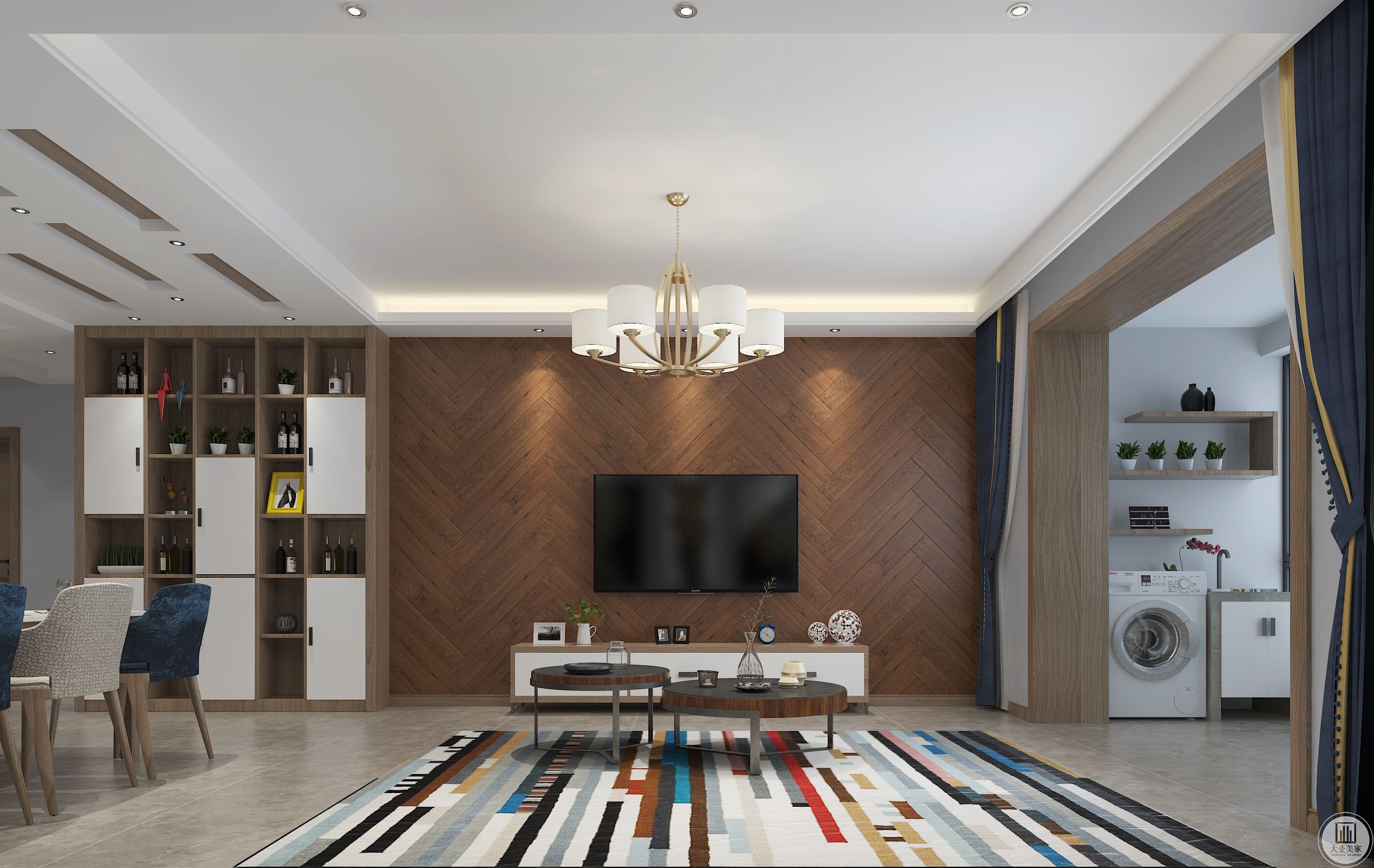 客厅-客厅空间讲究精巧丰富，电视背景墙采用地板上墙的艺术手法，及增强了客厅的纹理感，并给人亲近的感觉。
