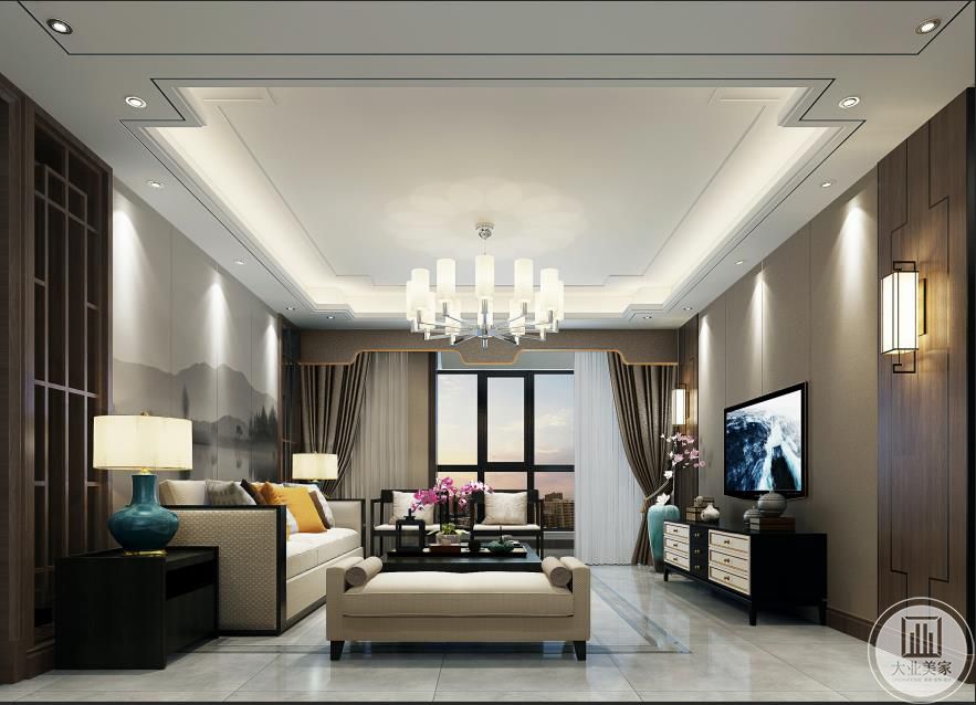 客厅的设计用简练优美的线条展现古朴悠远的禅意，于有形中体现无形的精神品质。
