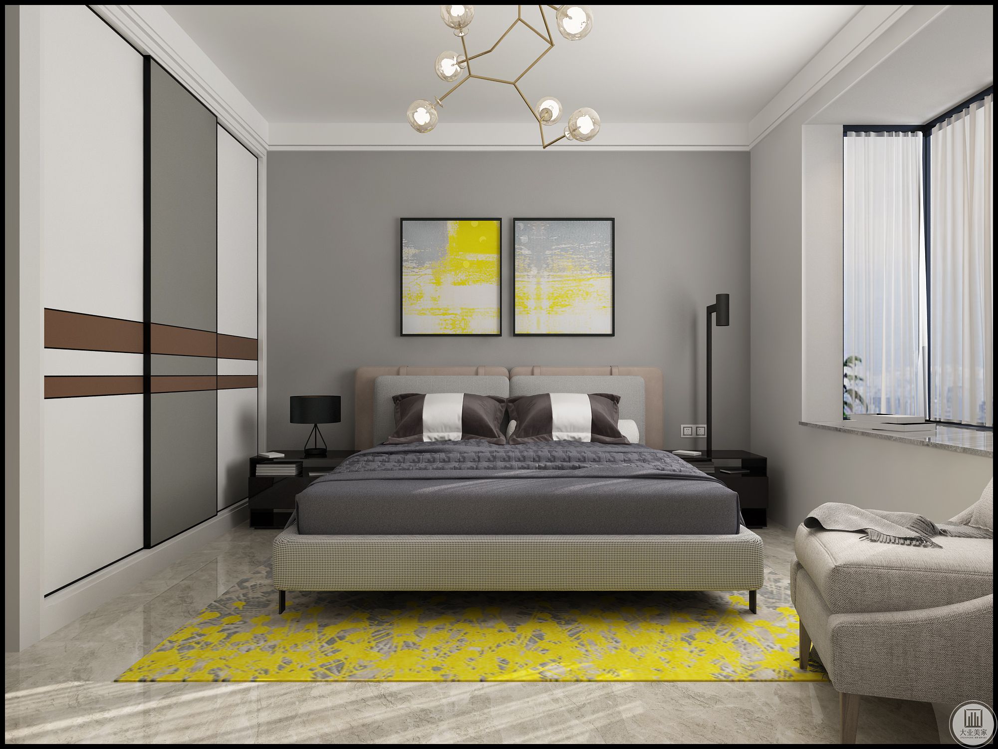 卧室遵循的是黑白灰的延续，没有做吊顶，用的是简洁的平板线，背景是灰色系壁纸。给人简约时尚的感觉。