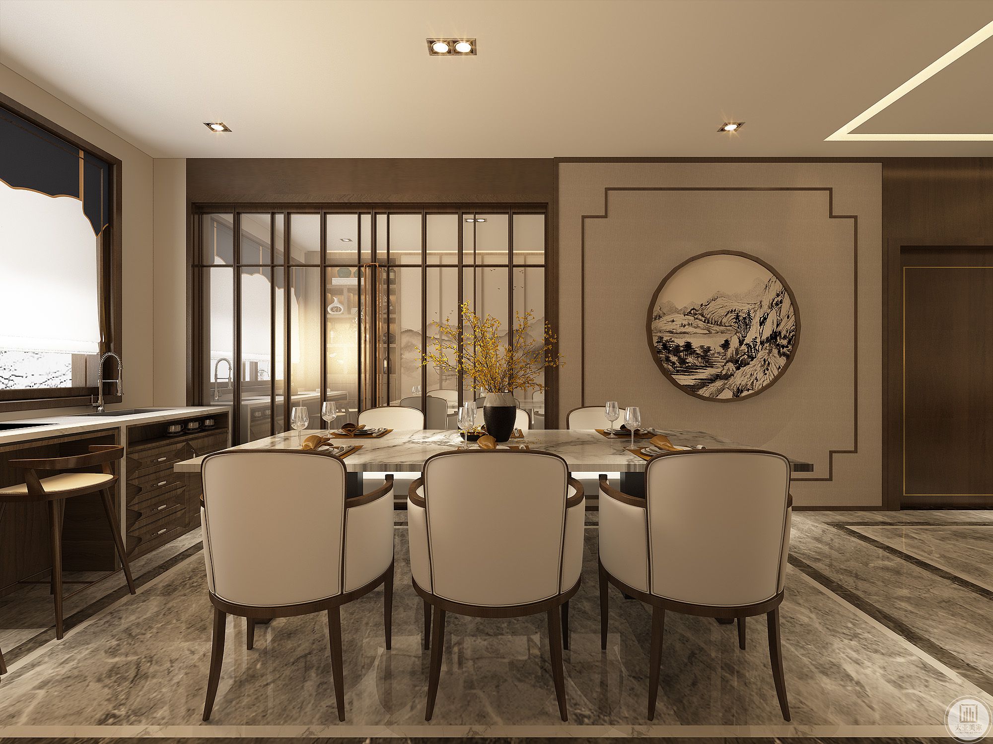餐厅的餐桌用的是大理石台面，对称的吊灯设计。玻璃隔断门的设计更加精彩，餐桌后面的山水墨画更加突出新中式风格的色彩。