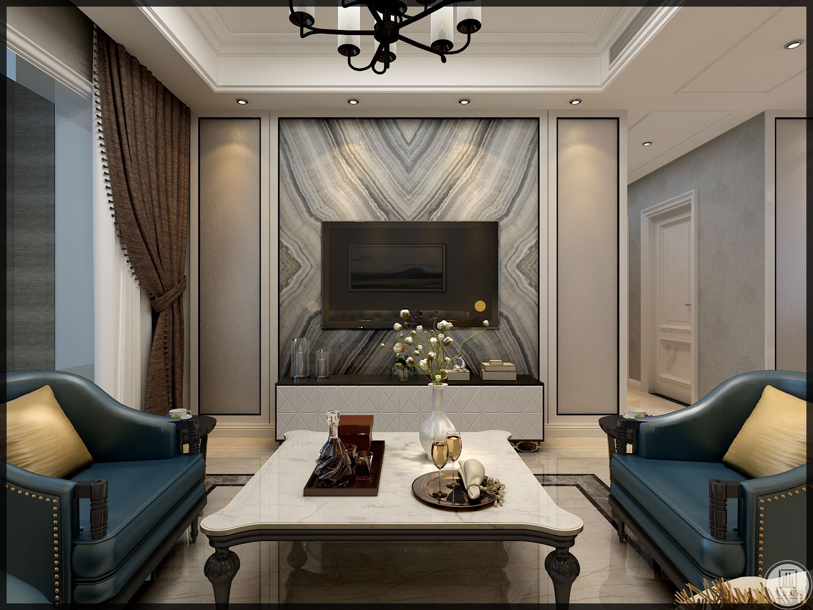 客厅装修效果图          本案简约，偏一点美式的混搭风格，复古的家具配饰，整体为深色调，沙发用深蓝色和白色茶几搭配。   