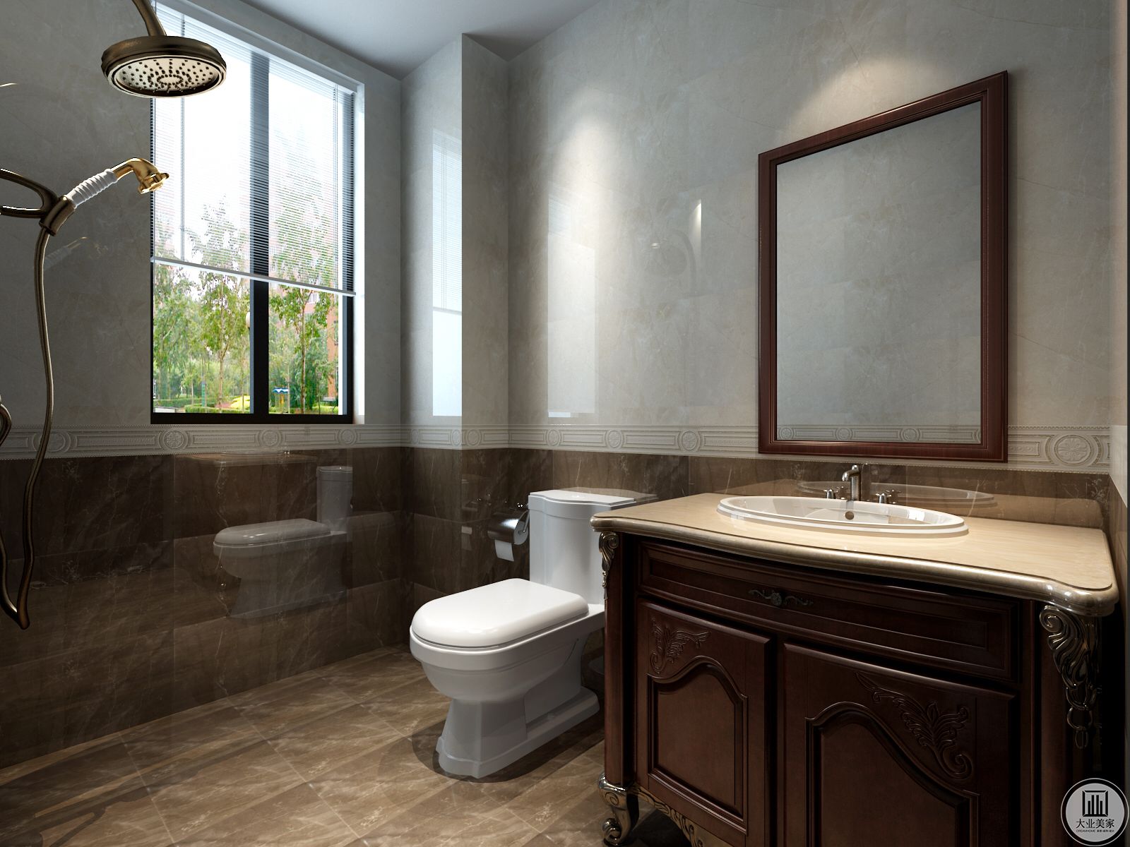 卫生间装修效果图        主卫浴室柜选择了同款烤漆面板，干净透亮，便于清洁。金色镜框和五金件搭配，精致优雅。