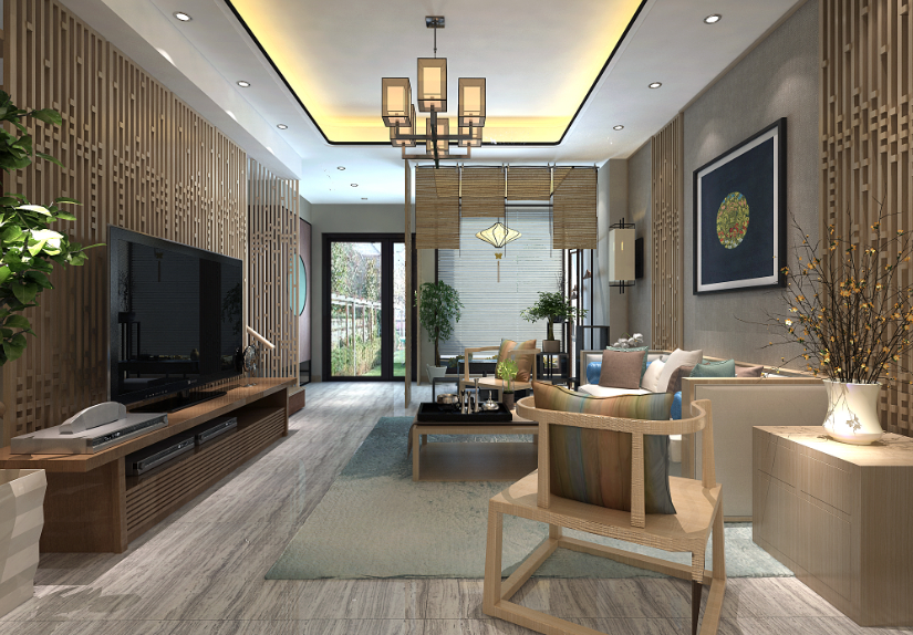 客厅电视背景采用的的原木色的隔断，与之搭配的沙发家具的选择，中式造型的沙发背景墙，都在表达这中式的儒雅与宁静