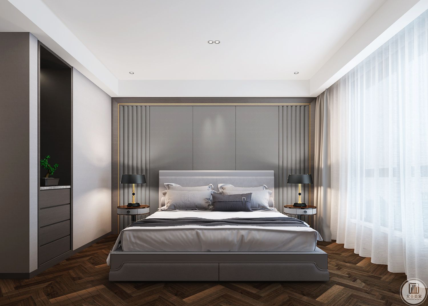 卧室效果图-卧室整体用的是木地板铺贴，更加增添了卧室的舒适度，床头背景墙用的是灰色系的护墙板，整体卧室更彰显现代简约的精致与个性，简约而不简单。