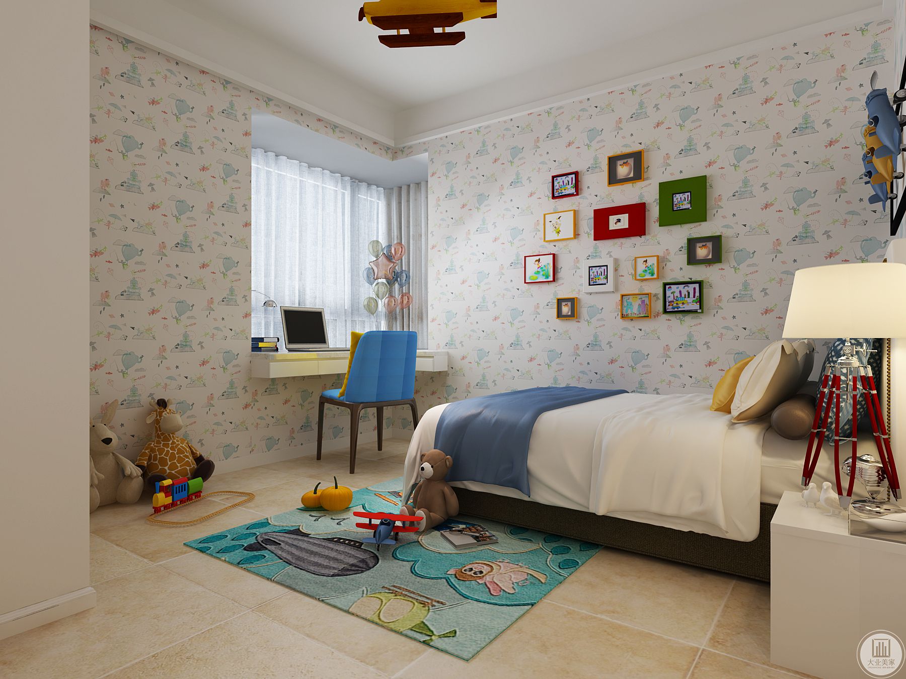儿童房效果图-儿童房的设计整体淡淡的蓝色映入眼帘，墙体的壁布也以白色的打底蓝色的图案铺贴，更为亮眼的是房间的主灯为飞机的形状，整体的儿童房设计既有特点又有温馨的感觉，开发孩子趣味性。