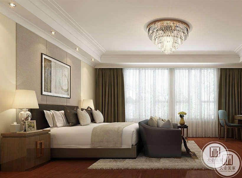 卧室是休息的场所，需要安静舒适，因此在设计上整体延续客厅的暖色调，舒适温暖.