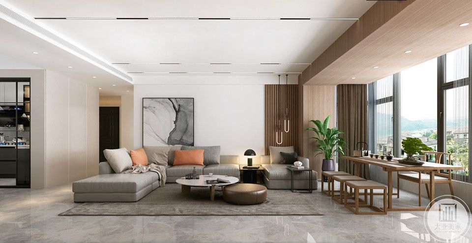 沙发背景墙以简洁的白墙和木色格栅相结合，搭配吊灯，凸显木饰面的质感。