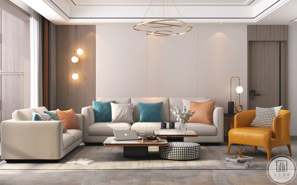 沙发背景用木饰面和硬包相结合，在搭配壁灯。