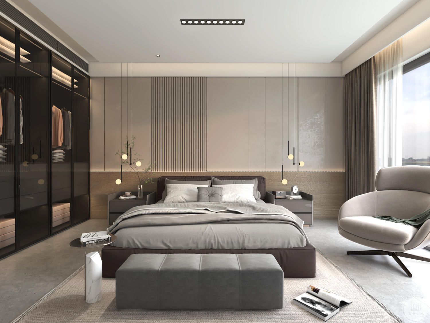 卧室以暖色系为主，衣帽间采用双面柜，方便业主更换衣物。
