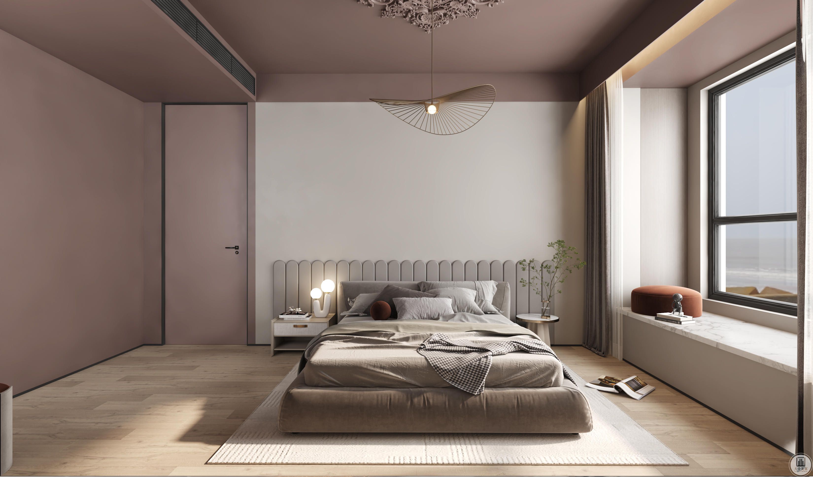 卧室简单而舒适，保留更多空间方便孩子和家人亲子活动，以马卡龙紫色营造一个浪漫的空间。
