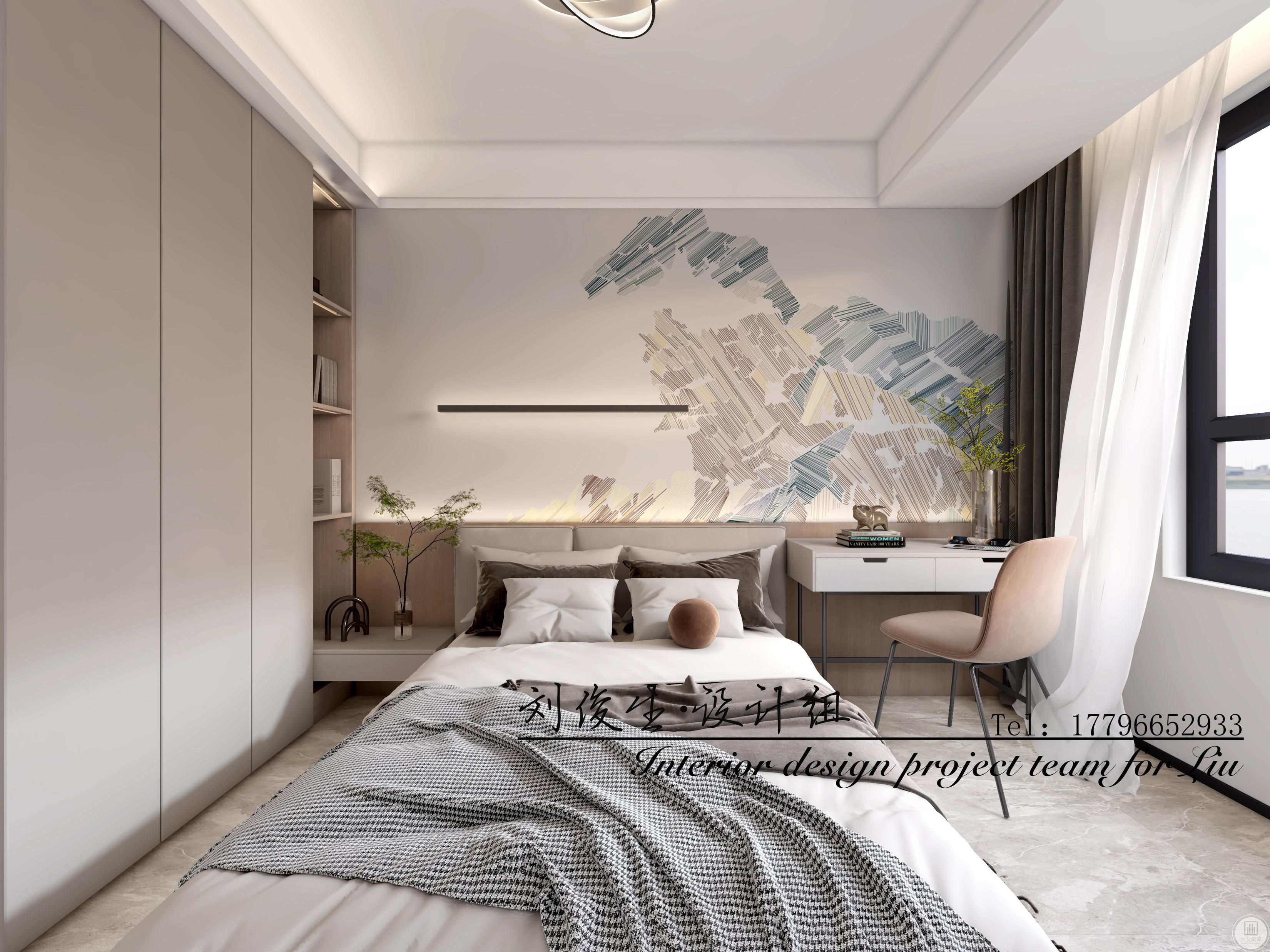卧室以简单木色系为主，衣柜采用双面柜，方便业主更换衣物。