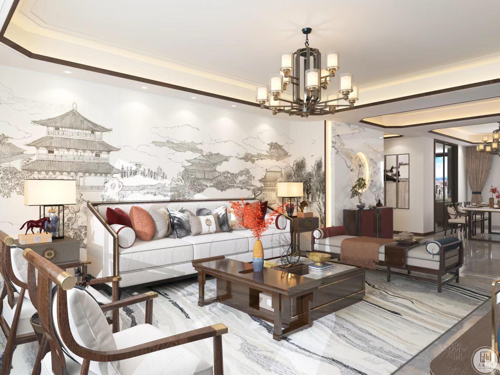 沙发背景墙由白色调中式壁画,于沙发色调相呼应,整体灯光氛围温馨。