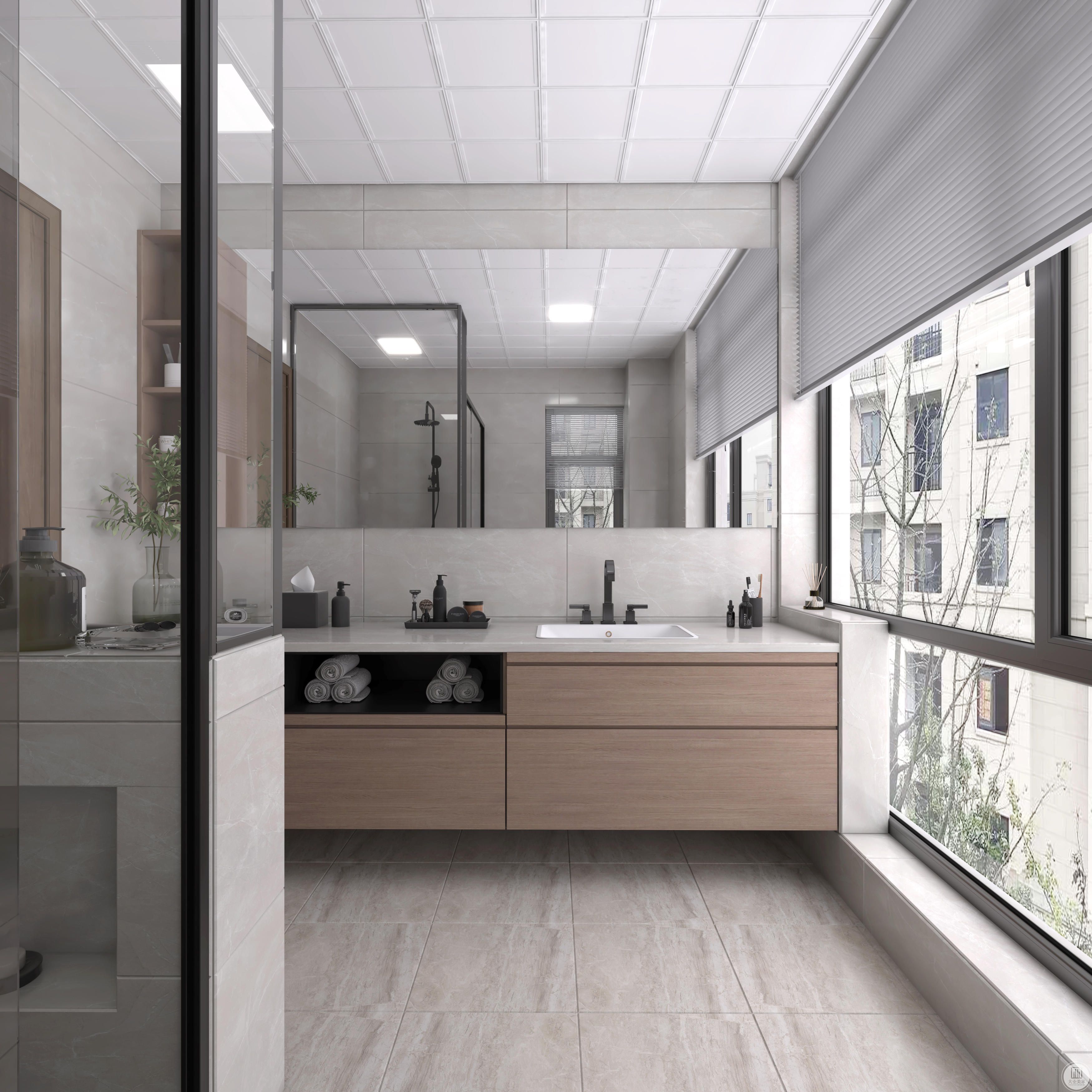 卫生间进行干湿分离，充分利用空间，金属边框的玻璃隔断门使整个空间更有质感。