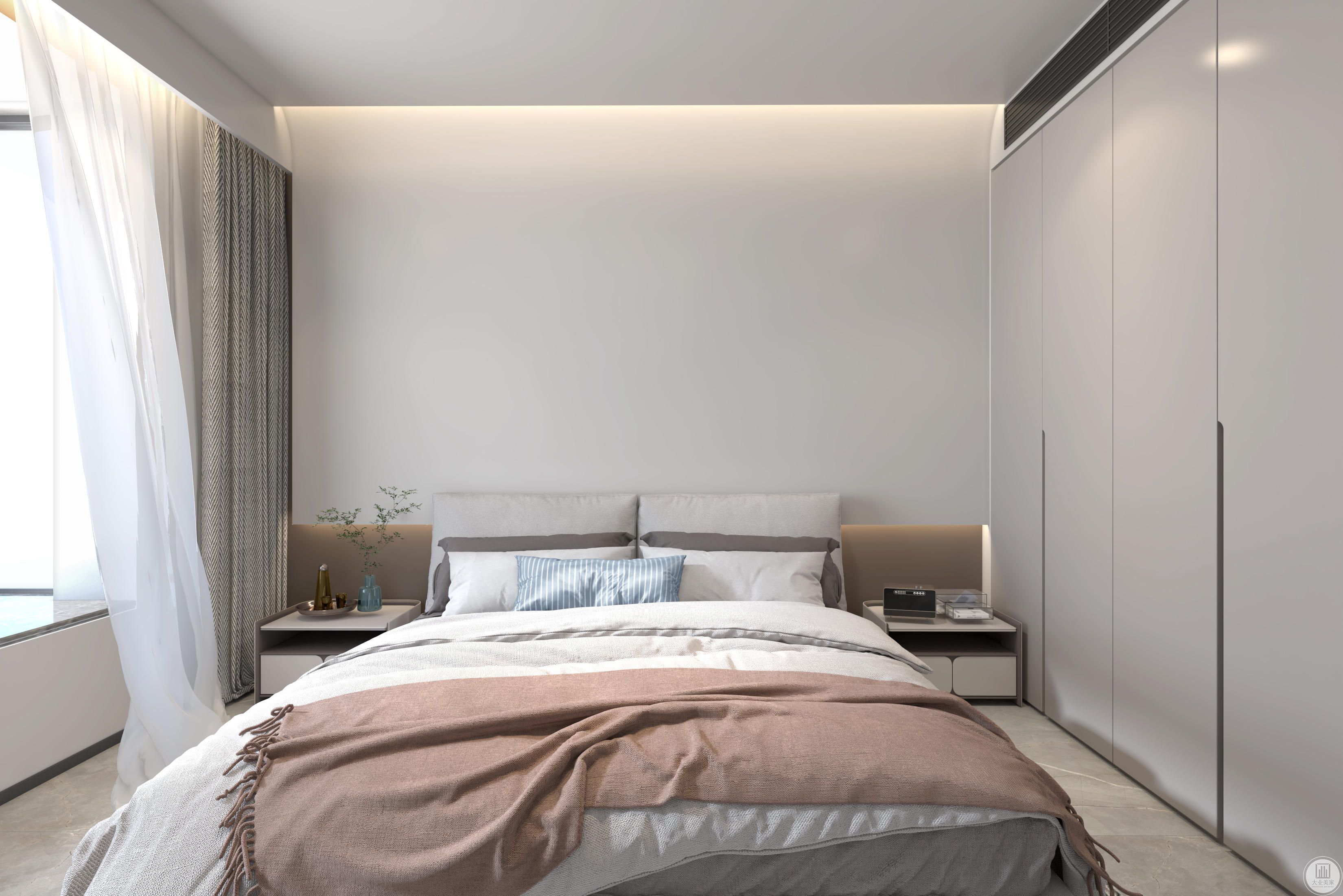 卧室简单而舒适，以奶油色营造一个温馨的空间。