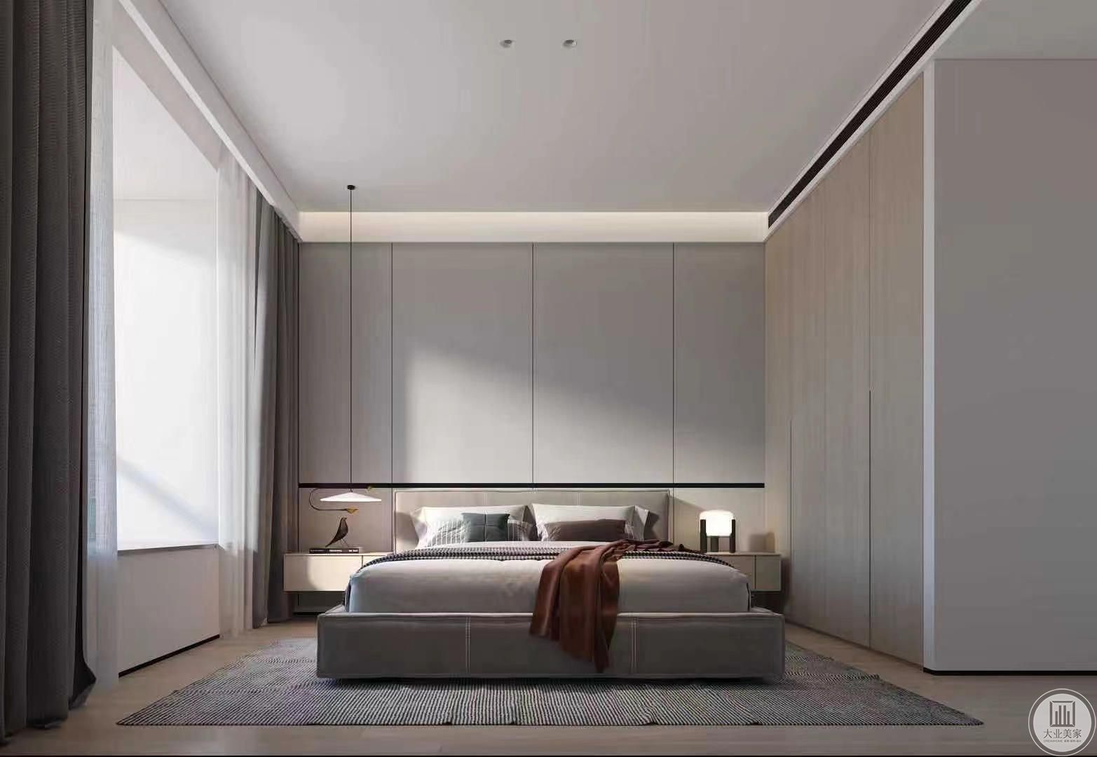 卧室造型简约，无繁琐装饰，木地板增加了空间的亲和度