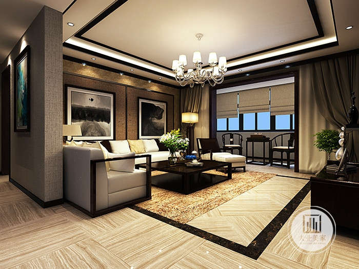 客厅效果图-客厅规则木质地板，更彰显新中式风格的韵味，客厅的一个大的水晶吊灯与整体相呼应。