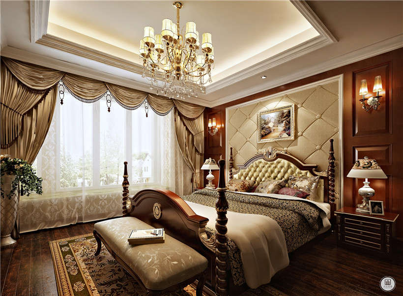 主卧是欧式与复古原木色系的碰撞，花纹地毯与黄色床头的点缀，让空间更有层次感。个性的家具增添了活力，而绒面的使用，让卧室更有温度。精致的灯饰与摆件，烘托整个空间的氛围。
