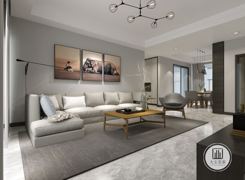 现代极简，主调以灰色为主，沙发选用白色，与茶几木色系搭配使空间有了与暖色结合，背景墙的三幅画也是很有意境。