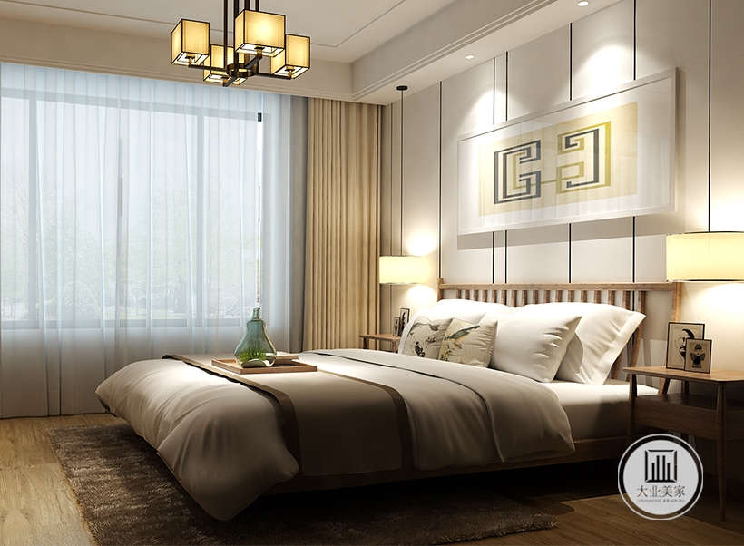 床头整体硬包处理，突出线条感，铺贴木地板，与木色家具，让人感到舒适和放松。