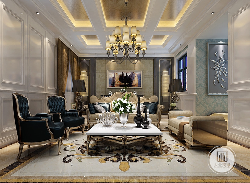 客厅地面是设计的拼花图案，增添了整个风格的厚重感。