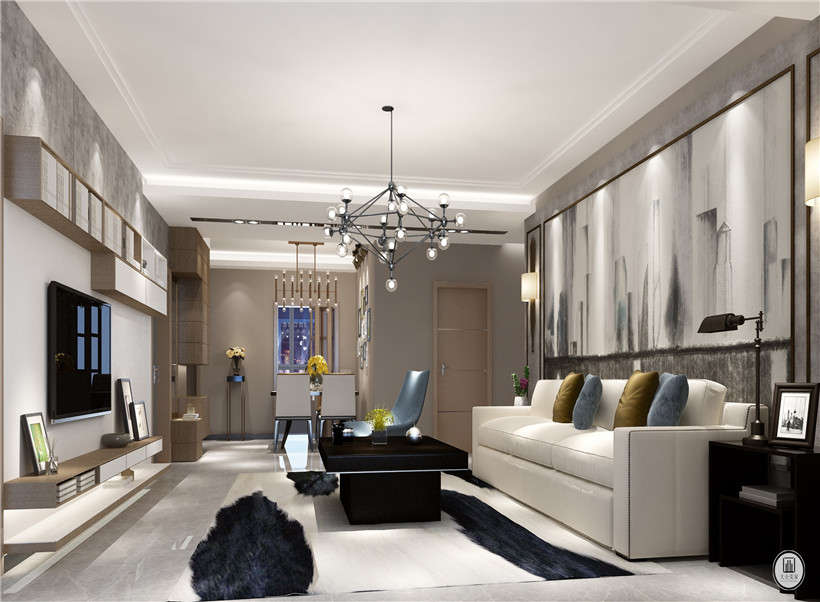 本设计跟随最新潮流，浅咖色调，是现在最受人们喜爱的，客厅的简单设计，配上简洁舒适的皮质白色沙发，给人一种又舒适有时尚的居住氛围.