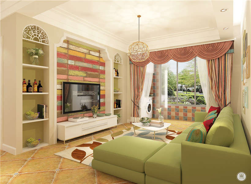 客厅效果图-清新自然的北欧风格，以简单线条勾勒出不同的装饰造型；以华丽的装饰、明亮的色彩、精美的造型达到多姿多彩的装饰效果。家具以色彩明亮为主，细节雕刻精美，绿的沙发洋溢着北欧风格的活泼靓丽。