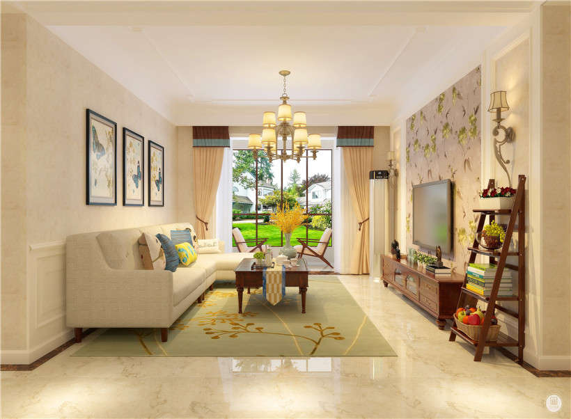 客厅以米白色为主，小美式的温馨，沙发是白色的，家具以胡桃木色为主，电视背景墙是用壁布碎花来装饰。