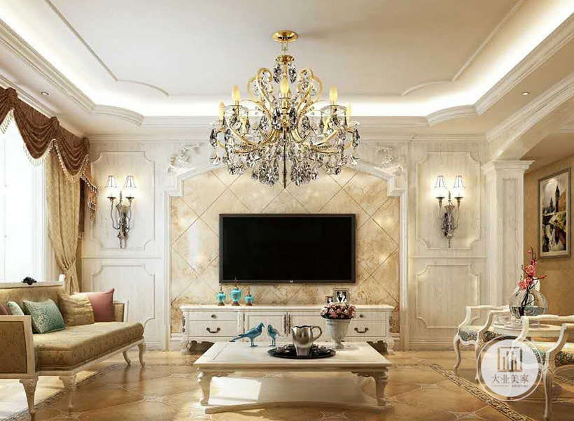 客厅效果图-客厅以欧式线条勾勒出不同的装饰造型，家具以传统欧式家具主，细节雕刻精美，整体客厅富丽堂皇。