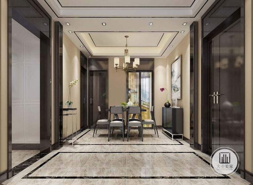 相对于现代简约风格，中式风格的家具以深色为主，黑胡桃木色，餐厅灯与客厅灯保持统一性，选用同一款式吊灯。