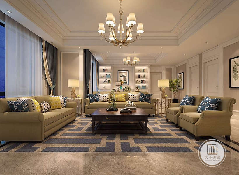 客厅与书房区域做连接，提高家里面互动性，沙发运用明亮的黄色，和大片几何形地毯。