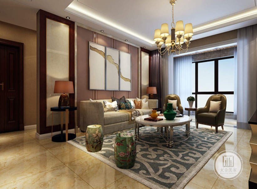 客厅整体为暖色调，米黄色的主调作为设计主题，加以浅咖色作为整体的点睛之笔，整体客厅更加的温暖浪漫，温馨的感觉随之扑面而来。