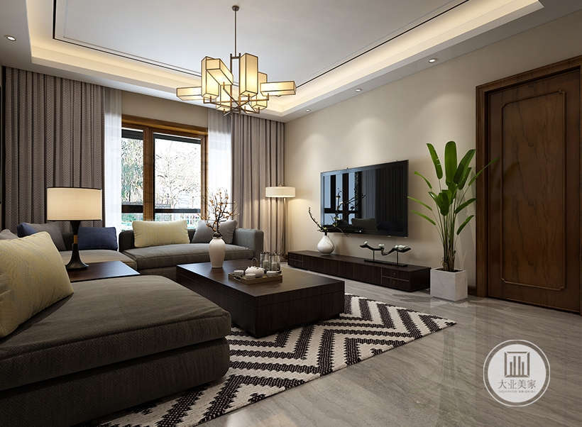 客厅边几与现代西式的布艺沙发、地毯相组合，既保证了居室的实用性，也达到了对传统艺术的追求，让古典风与现代简约风自然衔接，营造出一个亦古亦今的家居空间