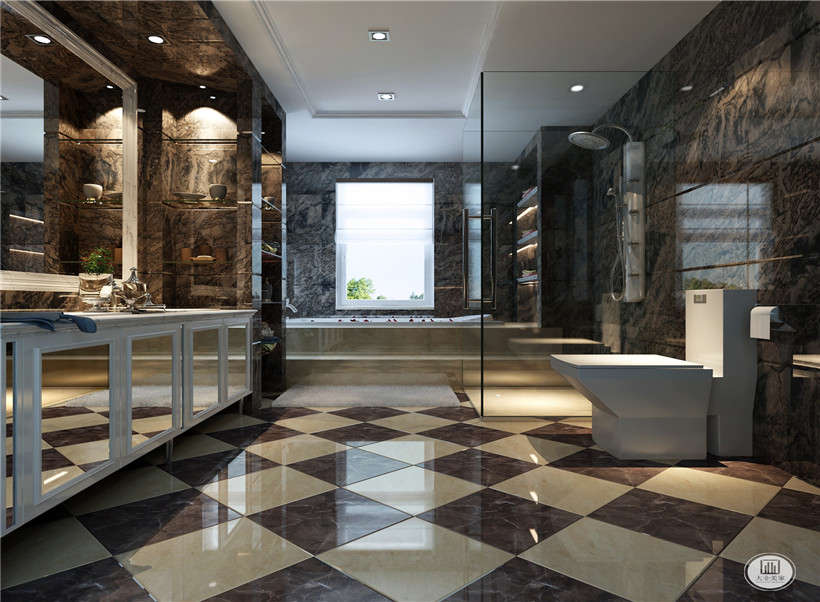 卫生间由于空间非常大，设计了干湿分离，层次分明、功能齐全，满足了所有的功能个性需求，地面瓷砖也是交叉颜色非常漂亮。