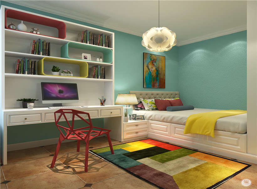 卧室效果图-墙面采用的是蓝绿色的硅藻泥，设计一个榻榻米的链接一个书柜与书桌一体，色彩丰富的卧室整体柔和而不失质感。