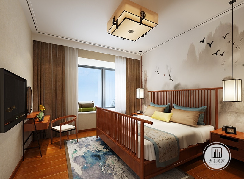 卧室的床采用的是中式的造型，去掉繁琐的花纹，只保留简单的造型。