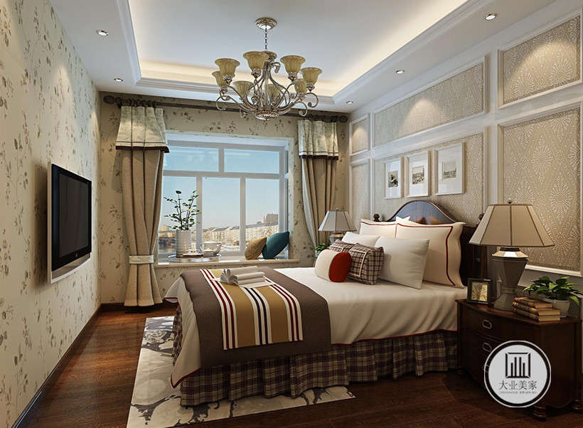主卧室背景墙为主要装饰部分，和客厅呼应采用线条加壁纸的设计，色调温馨，地面采用木地板，居家更舒适。