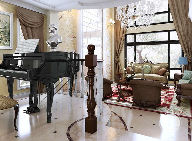 客厅效果图-台上的一架钢琴，让整个客厅更加一份神秘的色彩，客厅上方的水晶吊灯更加彰显欧式古典的浪漫与温馨。