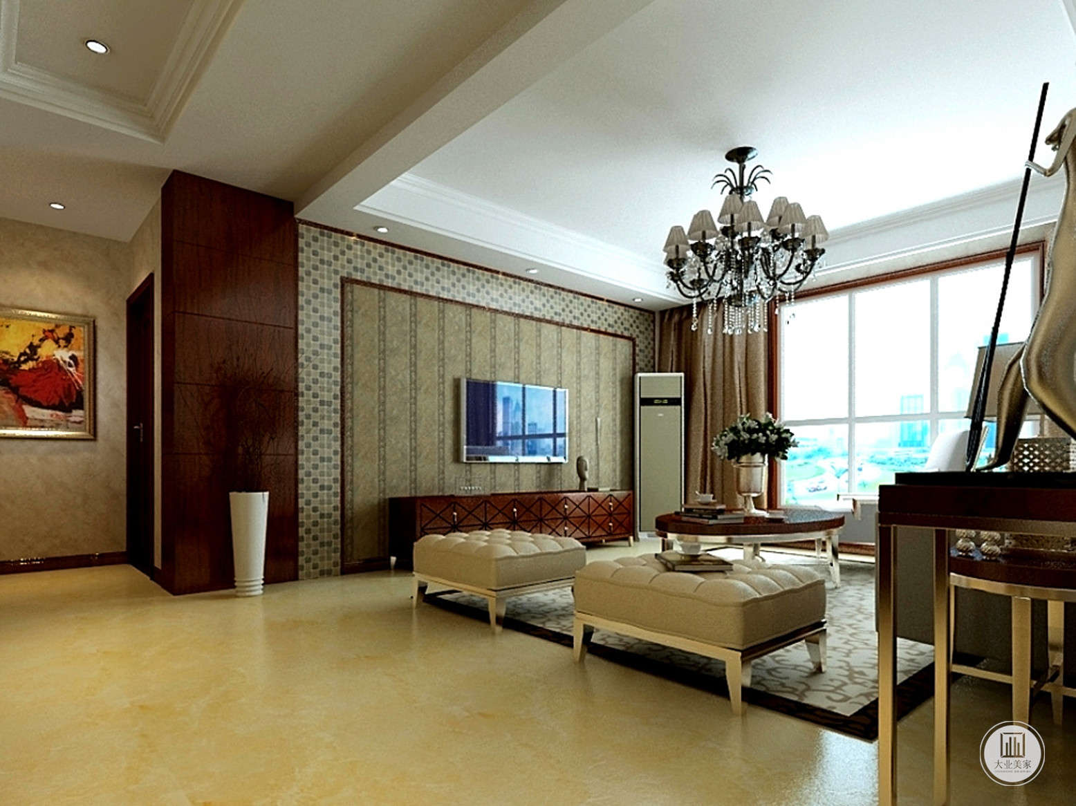 现代风格，使用了大量的壁纸和壁布做搭配，电视背景与电视柜非常的搭配，搭配简欧式的沙发，让客厅的感觉更加的现代感。