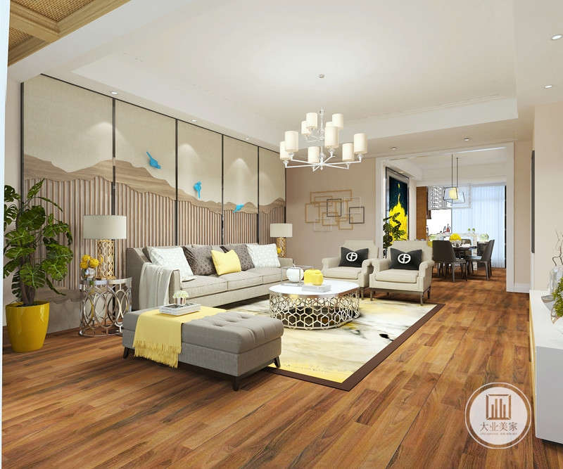客厅效果图-客厅设计简单温馨舒适，客厅颜色以浅色为主深色家具为辅，木质地板砖，灰白色沙发，长方圆形的规则吊灯作为衬托，整体简洁而温馨。