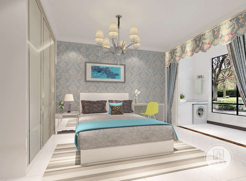 卧室整洁明亮，清新自然，背景灰色花纹壁纸，给人眼前一亮的感觉。