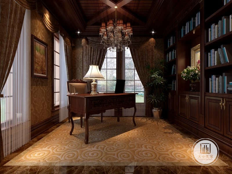 书房的全屋木毯和全屋壁布，整面墙的书柜和窗帘更加的具有欧式的风范。