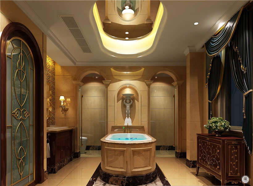卫生间中间设立一个独立大浴缸，非常之高端大气，浴缸在中间也将卫生间的干湿分离作为一个分隔。